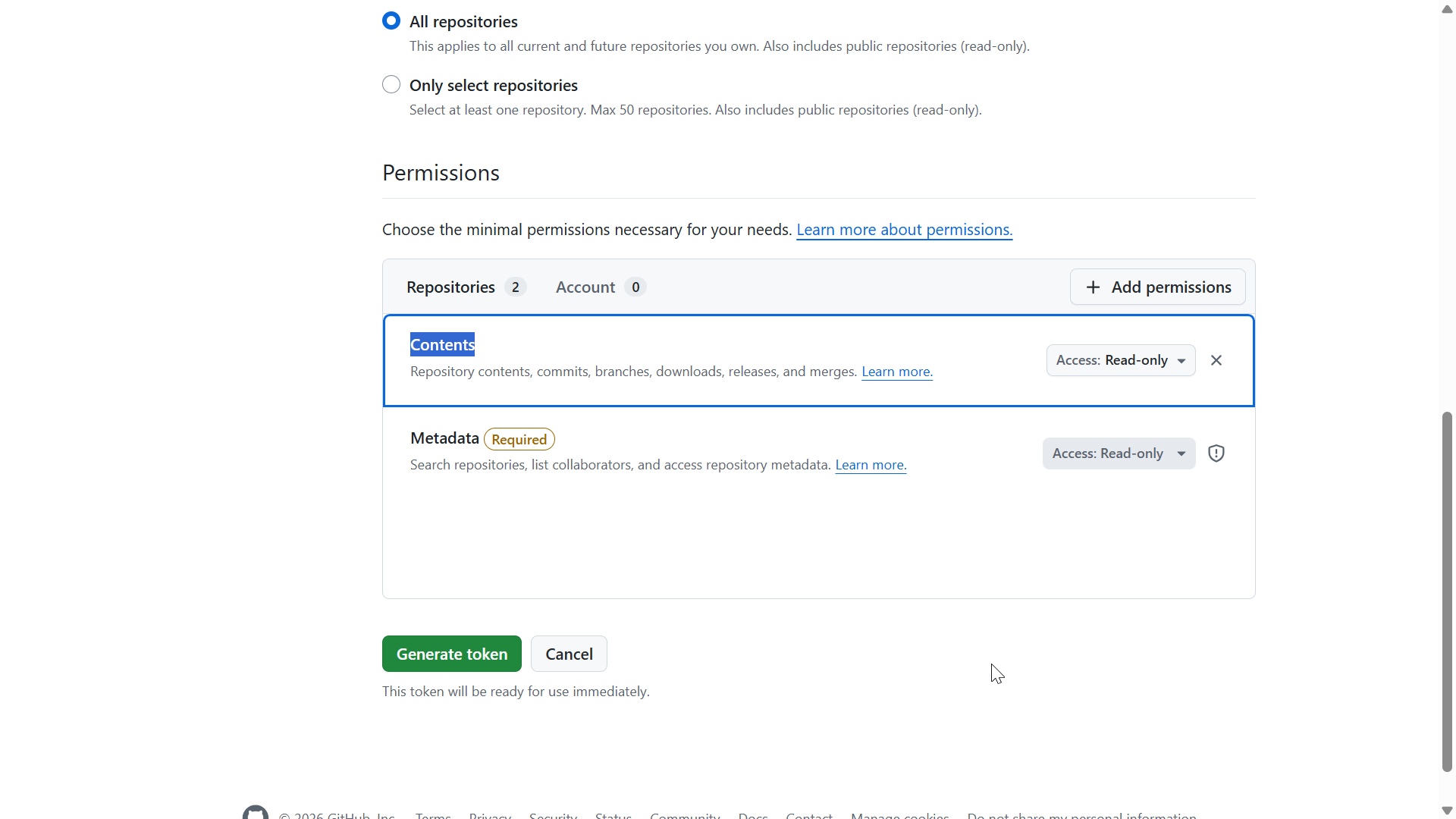 GitHub personal access token contents read and write permission