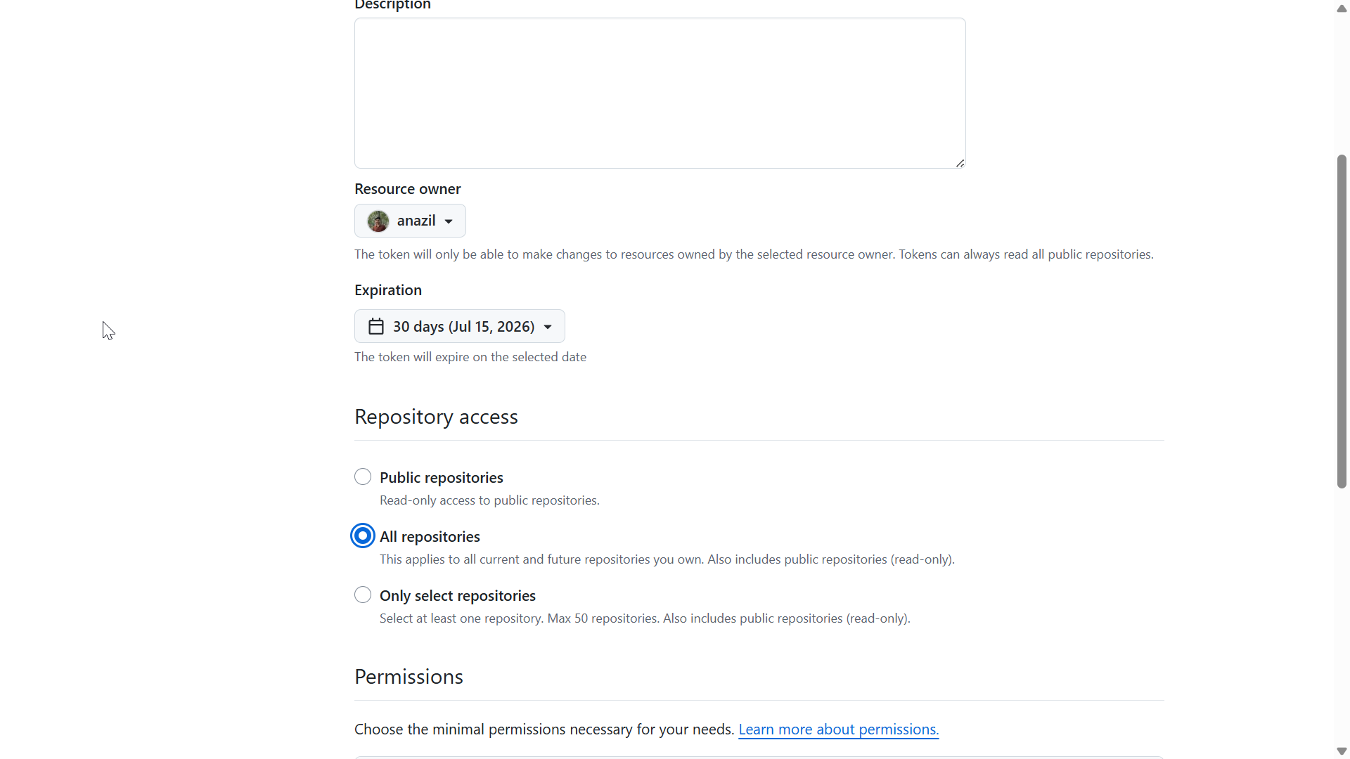 GitHub personal access token repository access settings